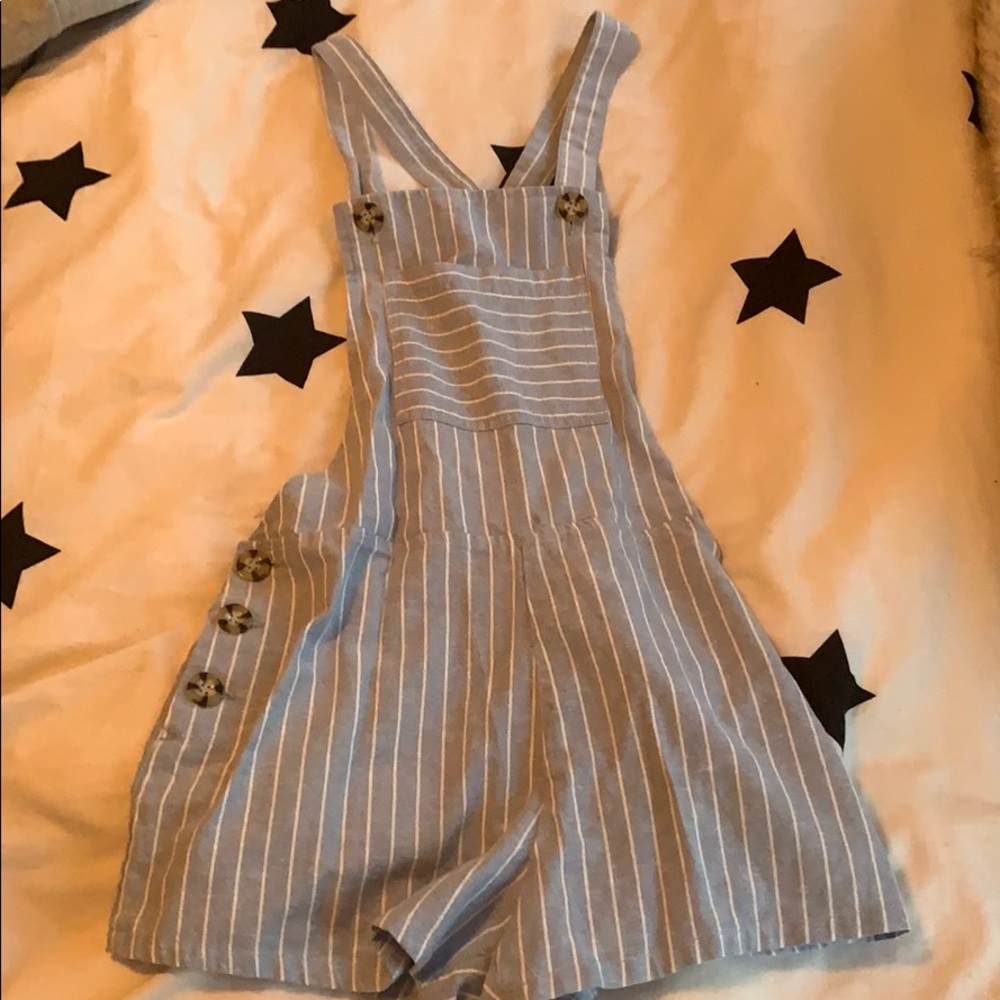 blue and white striped overall cover up